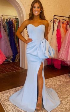 Prom Dresses With Bow, Prom Dress With Bow, Prom Dress Tight, One Shoulder Homecoming Dress, Dresses With Bow, Blue Mermaid Prom Dress, Mermaid Prom Dress, Dress Tight, Satin Dress Long