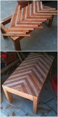 two pictures side by side of a coffee table made out of wooden planks