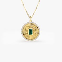 14K Emerald and Diamond Medallion Necklace – FERKOS FJ Emerald Diamond Necklace, Texture Jewelry, Stackable Rings Wedding, Gold Sapphire Ring, High Fashion Jewelry, Gold Medallion, Gold Gemstone Ring, Jewelry Elegant, Sapphire Pendant