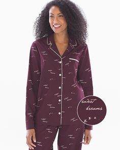 Cool Cotton Stretch Woven Long Sleeve Notch Collar Pajama Top Sweet Dreams Merlot - Soma Soma Intimates, The Vanishing, Notch Collar, Bra Shop, Pajama Top, Notched Collar, Merlot, Easy Wear, Sweet Dreams