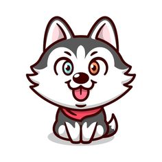 a cartoon husky dog sitting down with its tongue out and eyes wide open, smiling