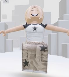 an animated woman standing in front of a cityscape with stars on her shirt