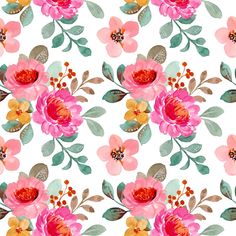 a floral pattern with pink flowers and green leaves