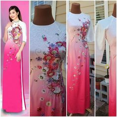 New With Pant Spring Ao Dai With Floral Print And Short Sleeves, Pink Ao Dai For Evening Spring Events, Summer Evening Ao Dai, Spring Evening Pink Ao Dai, Spring Party Ao Dai With Short Sleeves, Fitted Floral Print Ao Dai For Summer, Fitted Ao Dai With Floral Print For Spring, Fitted Pink Ao Dai For Spring, Pink Floral Print Ao Dai For Spring