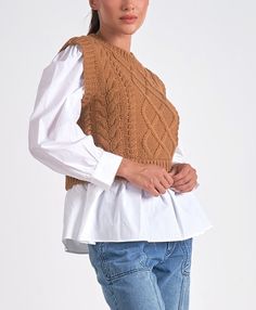 Elan layered sweater vest in dark tan with white shirt underneath Mini Jumpsuit, Layered Sweater, Fashion Forecasting, Long Sleeve Kids, Cardigan Shirt, Valentine's Day Outfit, Dark Tan, Layered Look, Polished Look