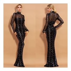 This Glamorous Gown Is Crafted From Luxurious Polyester, With Sparkling Sequin That Will Make You Shine. Every Woman Needs A Sexy Black Go To Dress. Perfect For Engagement Parties, Date Night, Weddings, Birthdays, Dinner Parties 100% Polyester Stretch Black Sequin Zipper Closure High Neck Wave Sequin Pattern Long Maxi Evening Gown Bodycon Elegant Full-length Gown For Parties, Black Floor-length Gown For Party, Glamorous Black Long Sleeve Gown, Party Gown With Sweep Train, Party Gown With Sweep Train And Full Length, Fitted Full-length Evening Gown, Black Long Sleeve Gala Gown, Fitted Full Length Evening Gown, Black Floor-length Gown For Gala