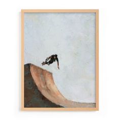 a painting of a person on a skateboard in the air above a half pipe