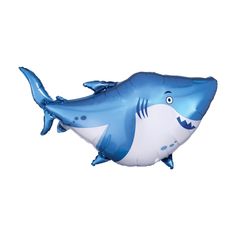 a blue and white shark balloon floating in the air