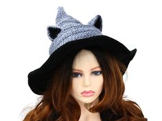 This witch or wizard hat with cat ears is so fun! Ready for an event, a costume, a renfaire festival, or just for witchy business. Firm enough to stand on its own, soft to wear, and full of character. I made this in a blend of gray and gray-blue. The black brim is wired for shaping and the hat has additional decorative stitching at the base for the hat band. The cat ears can be pinched to be more pointy or tapped to be a softer point.  A good amount of stretch and will fit between 21" to 23.5" h Animal Witch, Witchy Business, Festival Costume, Wizard Hat, Festival Costumes, Decorative Stitching, Costume Hats, Animal Ears, Hat Band