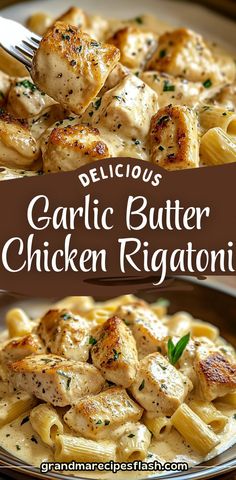 delicious garlic butter chicken rigani is served on a plate with a fork