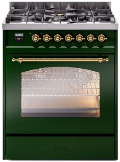 a green stove top oven with gold trimmings