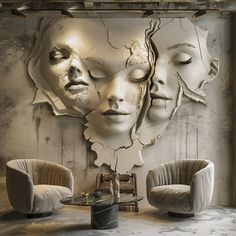 two women's faces are seen through the cracked wall in this modern living room