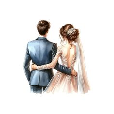 a watercolor painting of a bride and groom looking at each other from the back