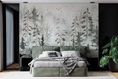 a bedroom with black walls and green trees on the wall, along with a large bed