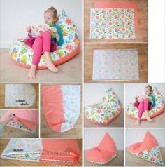 a collage of photos showing how to make an easy bean bag chair for toddlers