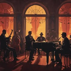 a group of people sitting around a piano in front of a window with musical instruments