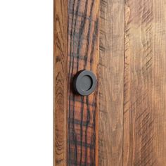 a close up of a wooden door with a black knob on the front and side