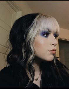 Blonde Bangs Dark Hair Trend, Platinum Color Block Hair, Front Bleached Hair Streak Bangs, Brown Purple Split Dye, Alt Black And Blonde Hair, Bangs Dyed Only Blonde, Bleached Bangs Dark Hair Short, Bleached Bangs Black Hair, Black Hair Blonde Money Piece Bangs