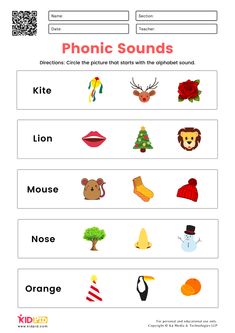 the phonicl sounds worksheet is shown with pictures and words on it