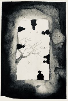 a black and white drawing of a tree in front of a window