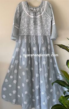 Lucknow Chikankari Gray Cotton Tunic Kurta / Hand Embroidered/ liner included Festive Anarkali Chikankari Embroidered Dress, Festive Anarkali Dress With Chikankari Embroidery, Chikankari Embroidered Tunic Dress For Eid, Anarkali Chikankari Embroidery Tunic Set, Anarkali Tunic Sets With Chikankari Embroidery, Embroidered Anarkali Tunic Traditional Wear, Long Embroidered Anarkali Set For Navratri, Festive Transitional Embroidered Dress With Chikankari, Bohemian Anarkali Set With Chikankari Embroidery And Long Sleeves