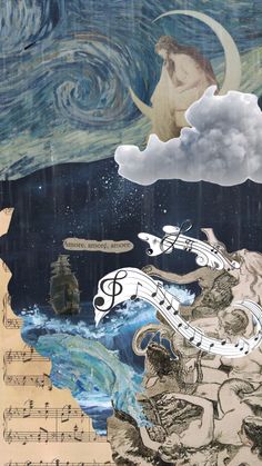 an altered collage with music notes and images of people floating in the sky above water