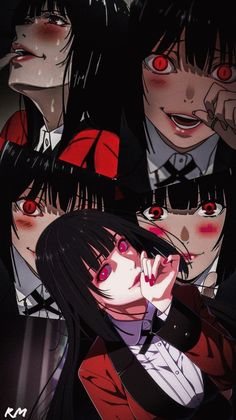 three anime characters with red eyes and black hair