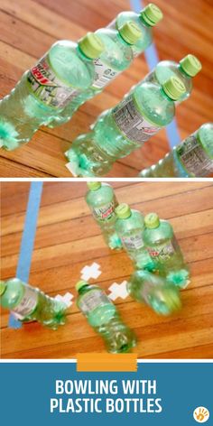 bowling with plastic bottles is an easy activity for kids and adults to do at home