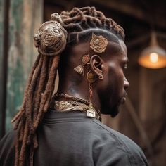 Elevate your dreadlocks with a touch of opulence and refinement through Tucked Back Dreads featuring Hair Jewelry. This sophisticated and versatile hairstyle involves pulling back the top half of your dreads and securing them with decorative hair jewelry or accessories. The hair jewelry adds a touch of luxury and charm to the overall look, making it perfect for weddings, formal events, or any occasion where you want to exude elegance and grace. Embrace this elegant and captivating hairstyle to feel confident and empowered in any setting. Dreadlocks Styles For Men, Dreads Men, Half Dreads, Locs Jewelry, Short Dread Styles, Dyed Dreads, Colored Dreads, Dreadlocks Styles, Dreadlocks Men