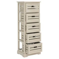 four drawers are stacked on top of each other in this white storage unit with wheels