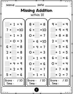 missing addition worksheet for the first grade students to practice numbers and subtractions