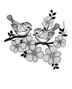 two birds sitting on a branch with flowers