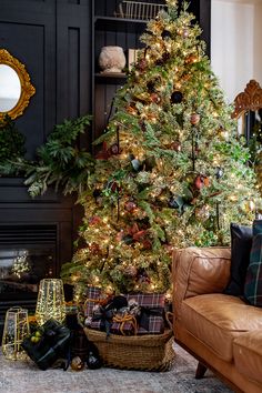 a living room with a christmas tree in the corner