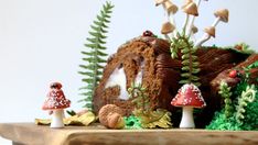 a cake with mushrooms and plants on it