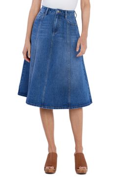 A paneled, voluminous design lends twirl-worthy style to this nonstretch-denim midi skirt accented with light fading for lived-in appeal. 28" length (size 27) Zip fly with button closure Front scoop pockets; coin pocket 100% cotton Machine wash, tumble dry Imported A-line Denim Bottoms For Spring, Spring A-line Denim Bottoms, Spring A-line Denim Skirt, Medium Wash Relaxed Knee-length Skirt, Relaxed Midi Denim Skirt, Medium Wash Denim Midi Skirt, Medium Wash Relaxed Fit Denim Midi Skirt, Medium Wash Midi Denim Skirt, Relaxed Denim Midi Skirt