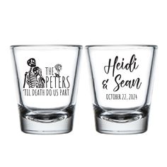 two shot glasses with the names and date printed on them