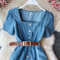 Materials: other Size: s, m, l Color: Blue Womens Denim Dress, Bubble Sleeve, Summer Shorts, Dress Materials, Try On, High Waist Jeans, Square Neck, Denim Dress, Dress Length