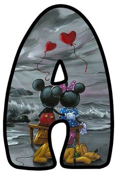 mickey and minnie mouse sitting on the beach with hearts shaped balloons flying above them, as if they were kissing