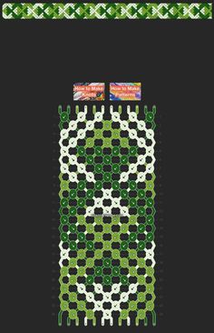 a cross stitch pattern in green, white and black with two flags on the top