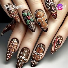 Nail Art Christmas Designs, Gingerbread Nails, Nail Art Christmas, Nagel Tips, Holiday Nail Art, Nail Forms, Nail Patterns, Stick On Nails