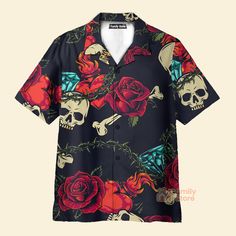 FamilyStore Vintage Black Skull Heart Rose Easy Care - Hawaiian Shirt Black Shirt With Custom Print For Summer, Black Summer Tops For Streetwear, Black Hawaiian Shirt With Sublimation Print For Summer, Vacation Black Top With Sublimation Print, Casual Red Skull Print Tops, Black T-shirt With All Over Print For Beach, Black Camp Shirt With Graphic Print For Vacation, Black Custom Print Shirt For Beach, Black Graphic Print Camp Shirt For Vacation