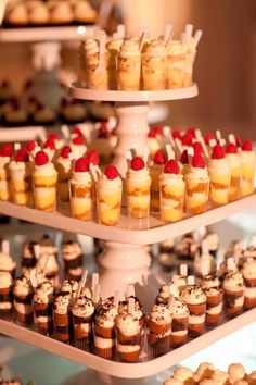 cupcakes and muffins are arranged on three tiered trays for display