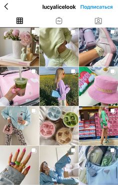 the collage shows many different pictures with pink and green accessories