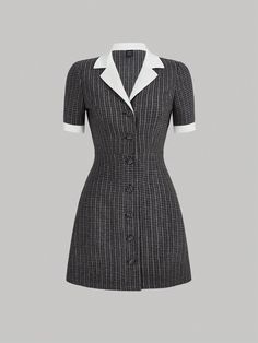 Black Casual Collar Short Sleeve Woven Fabric Colorblock Shirt Embellished Non-Stretch  Women Clothing 60s Clothes, Colorblock Shirt, Work Outfit Inspiration, Chique Outfit, Corporate Dress, Collared Dress, Classy Work Outfits, Dreamy Dress, Clothing Websites