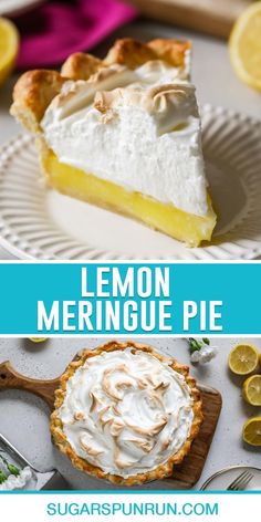 lemon meringue pie on a white plate with the words lemon meringue pie above it