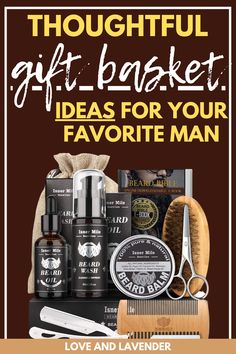 the gift basket for your favorite man is shown with scissors, combs and other items