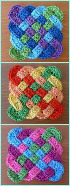 four different types of crochet are shown in three different colors and sizes, each with