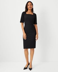 Worn head-to-toe or mix-and-matched, our endlessly flattering seasonless stretch dress is a suiting essential you'll wear season after season. Square neck. Elbow sleeves with inverted pleat sleeve caps and slit cuffs. Hidden back zipper with hook-and-eye closure. Back vent. Shop all Seasonless Stretch Suiting,Hit:Hits at knee,Imported:Imported,Fit:Tailored fit,Length:22" from natural waist,Fabrication:Shell: 68% Polyester, 29% Viscose, 3% Spandex; Lining: 100% Polyester,Garment Care:Machine Wash Little Black Dress Classy, Pleat Sleeve, Color Core, Tweed Shift Dress, Black Dresses Classy, Knitted Suit, Work Clothing, Pleated Sleeves, Square Neck Dress