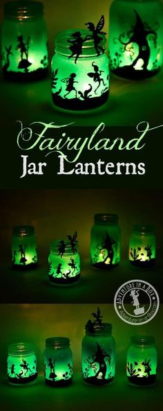 fairyland jar lanterns are lit up in green and black with silhouettes on them