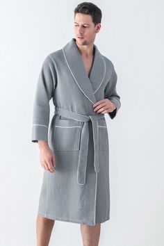 There is nothing better than coming home, putting on this luxuriously comfortable robe, and relaxing around the house in style after a long day of work. This luxury waffle bathrobe for men is made from a premium material that is both soft and cozy so that you stay warm on even the coldest nights of the year. Featuring a shawl collar and pipe trim style, this luxurious waffle bathrobe offers the perfect amount of coverage to keep you warm while still being free enough that you won"t feel constric Waffle Bathrobe, Mens Pjs, Adult Bedding, Mens Bathing Suits, Womens Pjs, Trim Styles, Women Bathing, Black Luxury, Cold Night